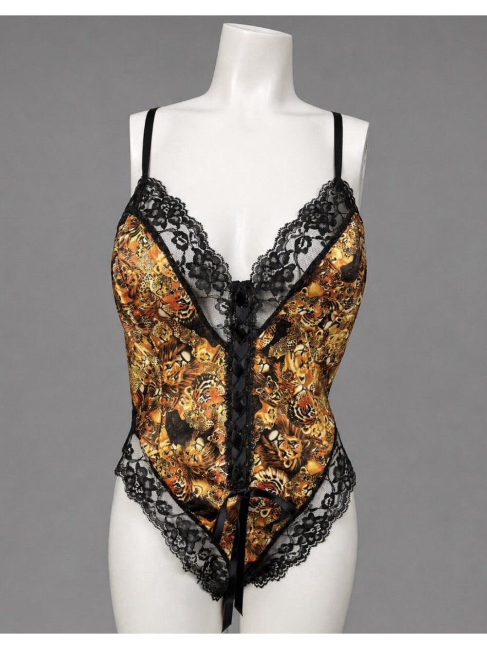 Vintage 90s SHIRLEY of Hollywood L Teddy Tiger Print Satin Black Lace Lingerie